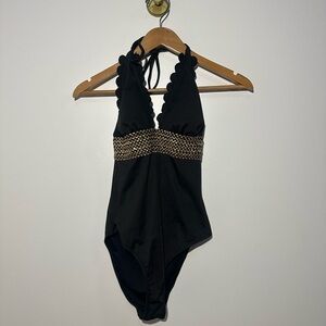 Cupshe Black Scallop Halter One-Piece with Gold Detail